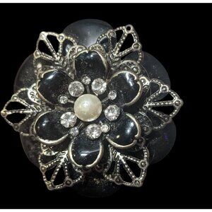 Vintage Whimsygoth Floral Black And Silver Tone Statement Stretch Ring Size 9